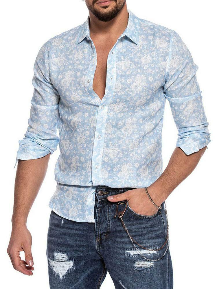 Men’s Clothing |   Casual Shirt Turndown Collar Casual Printed Baby blue Shirts Clothing Men's Clothing