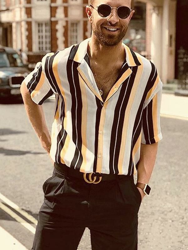 Men’s Clothing |   Casual Shirt Turndown Collar Chic Stripes Yellow Shirts Clothing Men's Clothing