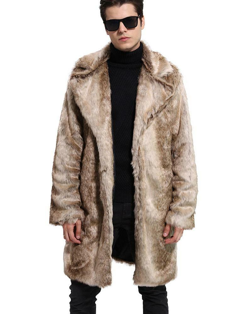 Men’s Clothing |   Faux Fur Coat Light Brown Casual Overcoat Two Tone Pattern Notch Collar Men Winter Overcoat Clothing Men's Clothing