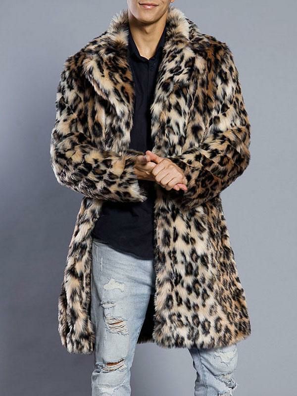 Men’s Clothing |   Faux Fur Coat Men Leopard Turndown Collar Long Coat Regular Fit Winter Overcoat Clothing Men's Clothing