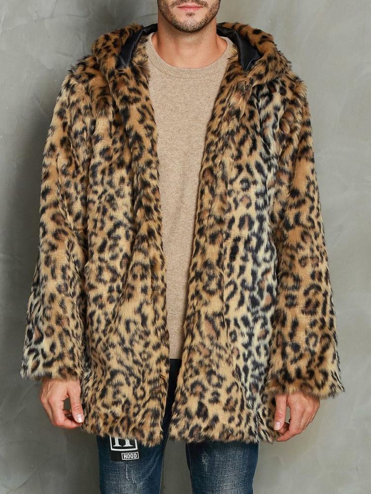 Men’s Clothing |   Faux Fur Coats Oversized Hooded Leopard Print Waist Length Outwear for Winter Clothing Men's Clothing