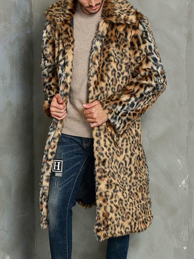 Men’s Clothing |   Faux Fur Coats Oversized Turndown Collar Leopard Print Chic Overcoats for Winter Clothing Men's Clothing