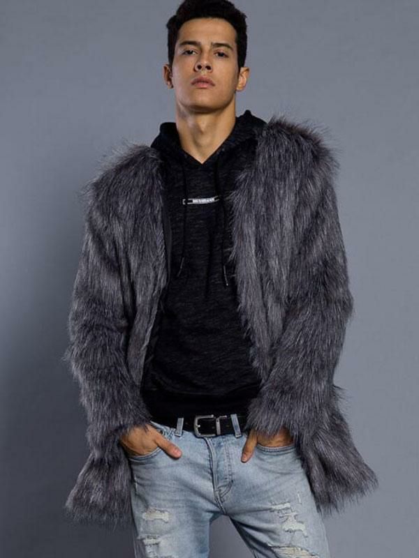 Men’s Clothing |   Grey Fuzzy Coat Faux Fur Men Winter Overcoat Clothing Men's Clothing