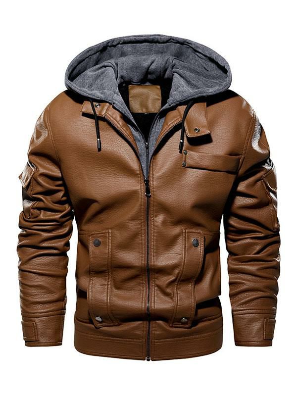 Men’s Clothing |   Leather Jacket Comfy Layered Zipper Color Block Fashion Moto Spring Coffee Brown Clothing Men's Clothing