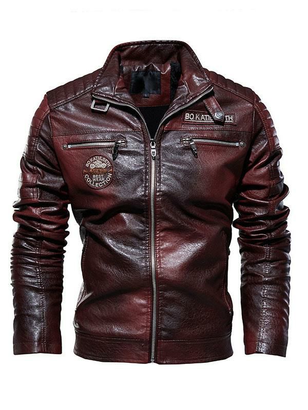 Men’s Clothing |   Leather Jacket For Man Chic Windbreaker Winter Burgundy Stylish Overcoat Clothing Men's Clothing