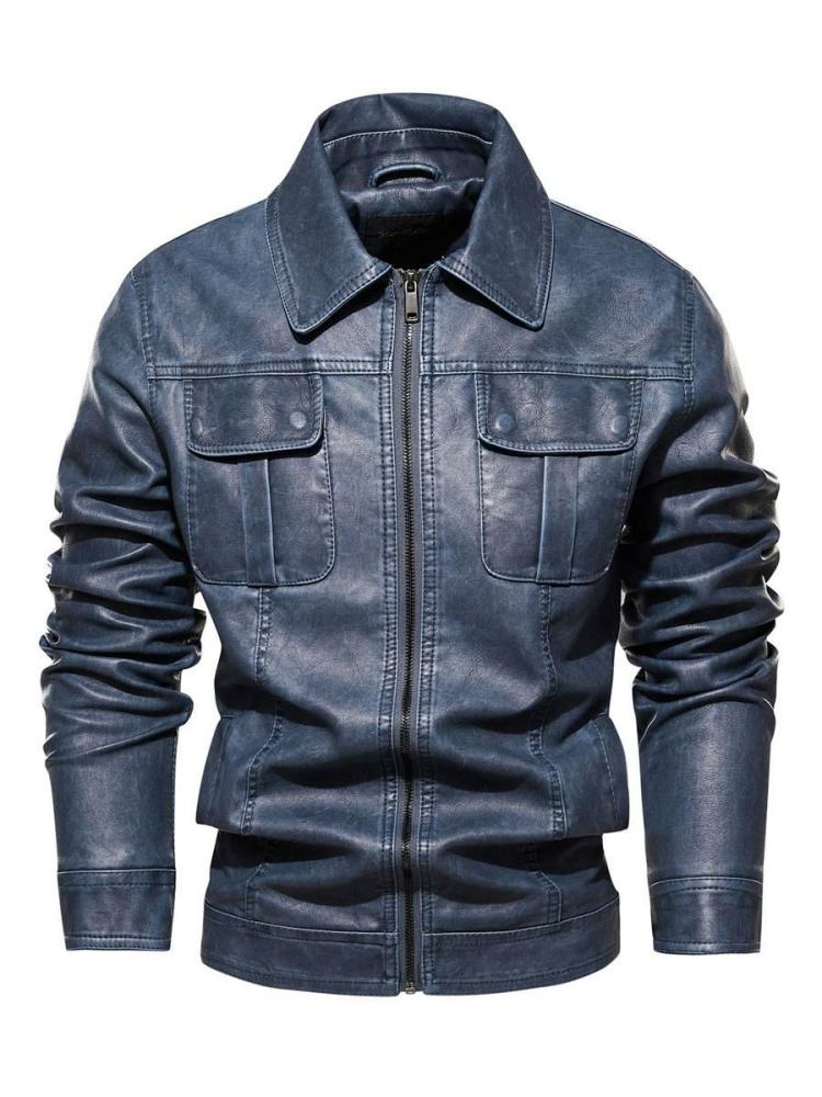 Men’s Clothing |   Leather Jackets Zipper PU Leather Thicken Moto Fashion Layered Dazzling Blue Clothing Men's Clothing