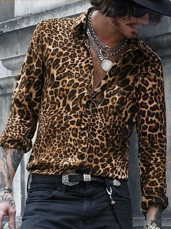 Men’s Clothing |   Man’s Casual Shirt Turndown Collar Simple Oversized Leopard Print Coffee Brown Shirts Clothing Men's Clothing