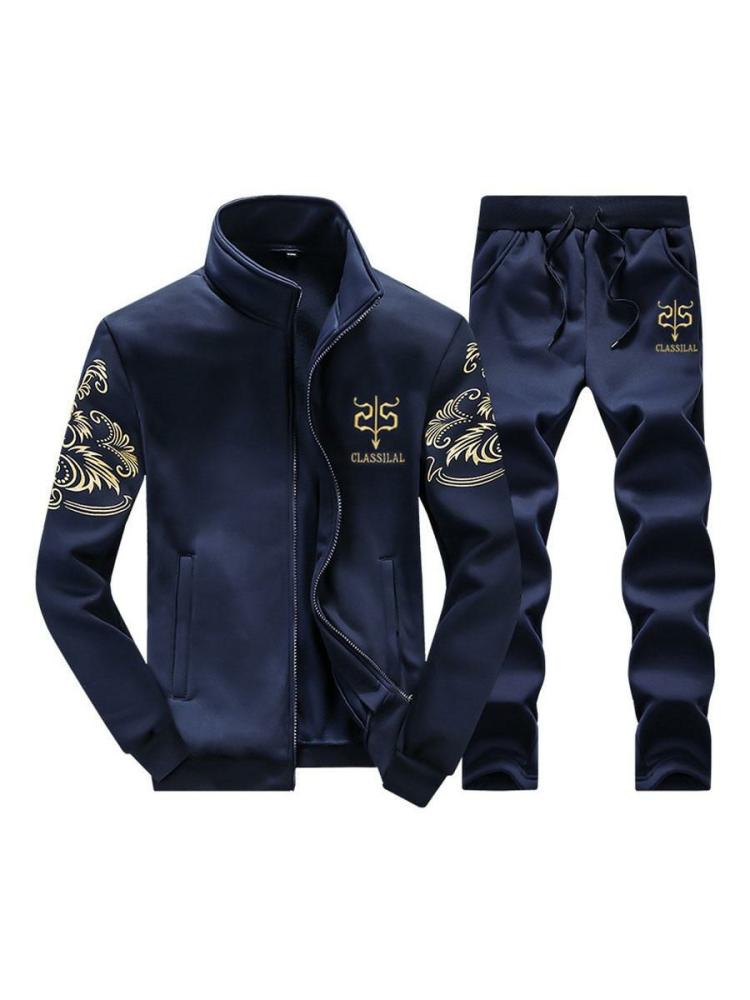 Men’s Clothing |   Men Activewear 2-Piece Set Artwork Long Sleeves Stand Collar Dark Navy Activewear Outfit Clothing Men's Clothing