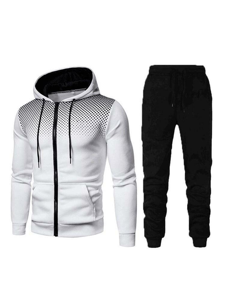 Men’s Clothing |   Men Activewear 2-Piece Set Printed Long Sleeves Hooded White Activewear Outfit Clothing Men's Clothing