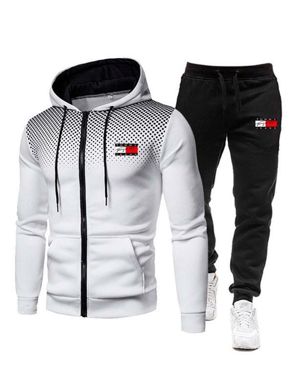 Men’s Clothing |   Men Activewear 2-Piece Set Printed Long Sleeves Hooded White Activewear Outfit Clothing Men's Clothing