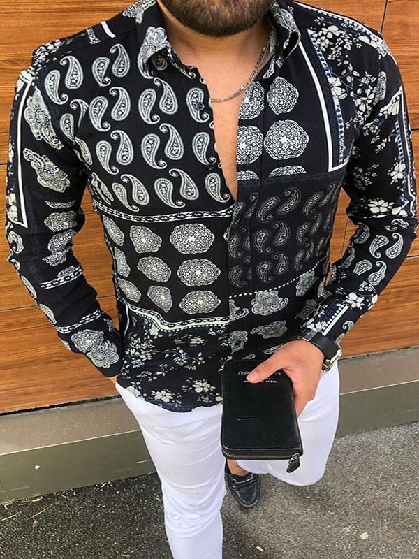 Men’s Clothing |   Men Casual Shirt Turndown Collar Printed Long Sleeve Black Men Summer Shirts Clothing Men's Clothing