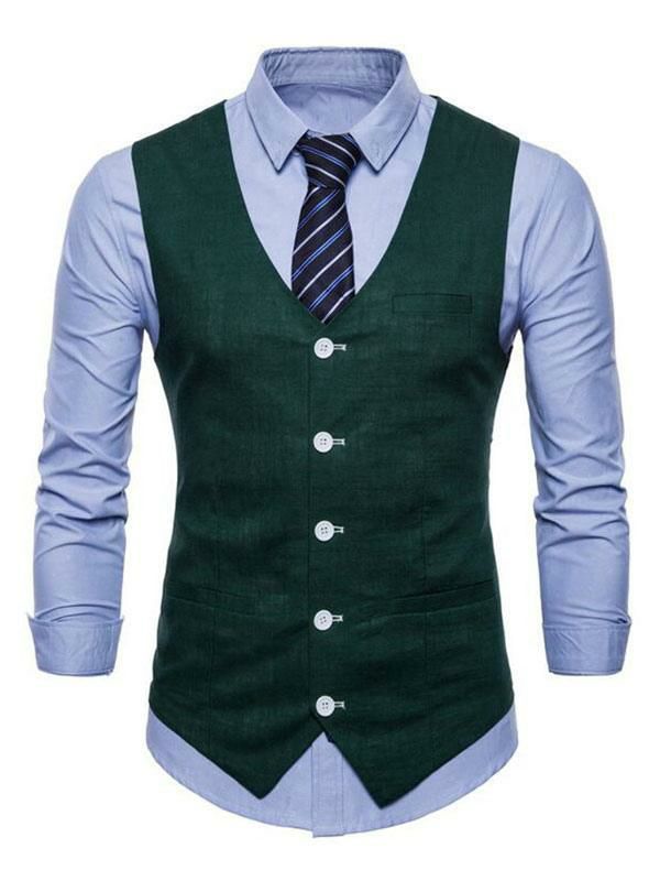 Men’s Clothing |   Men Suit Vest V Neck Cotton Linen Pocket Regular Fit Casual Waistcoat Clothing Men's Clothing