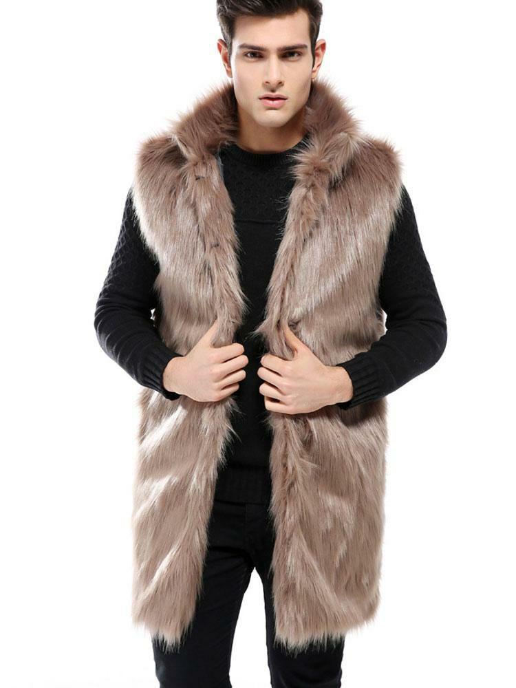 Men’s Clothing |   Men Winter Overcoat Brown Sleeveless Fluffy Coat Turndown Collar Faux Fur Coat Clothing Men's Clothing