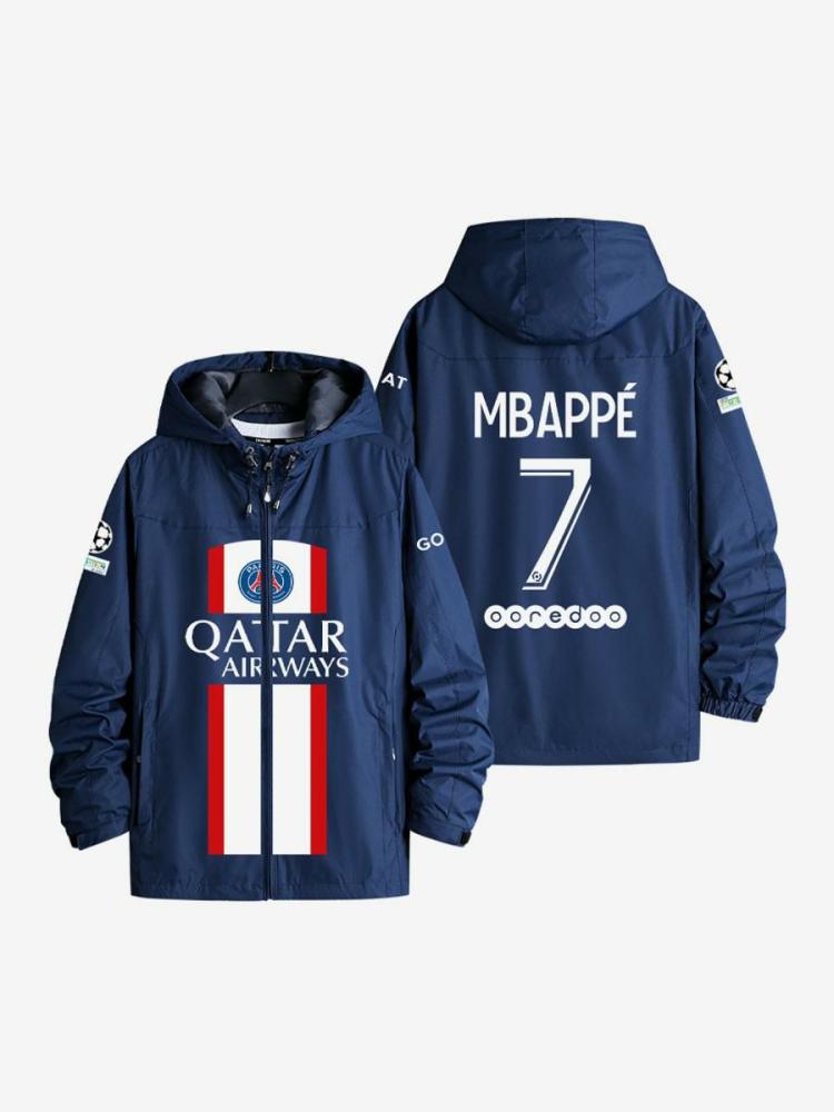 Men’s Clothing |   PSG Number 7 Mbappé Hooded Jacket Long Sleeves Blue Coat For Men 2024 Clothing Men's Clothing