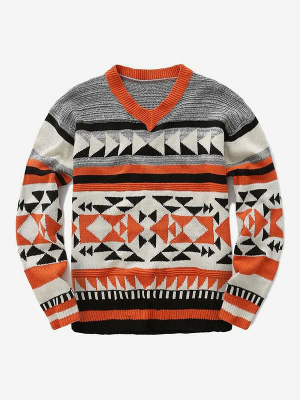 Men’s Clothing |   Sweaters Pullover Knitwear V-Neck Geometric Winter Red Red Clothing Men's Clothing