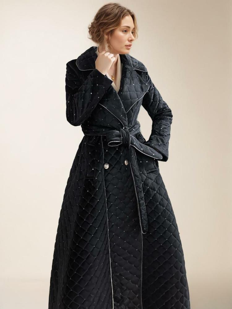 Outerwear |   Black Winter Coat Lapel Belted Buttons Elegant Longline Outerwear Clothing Outerwear