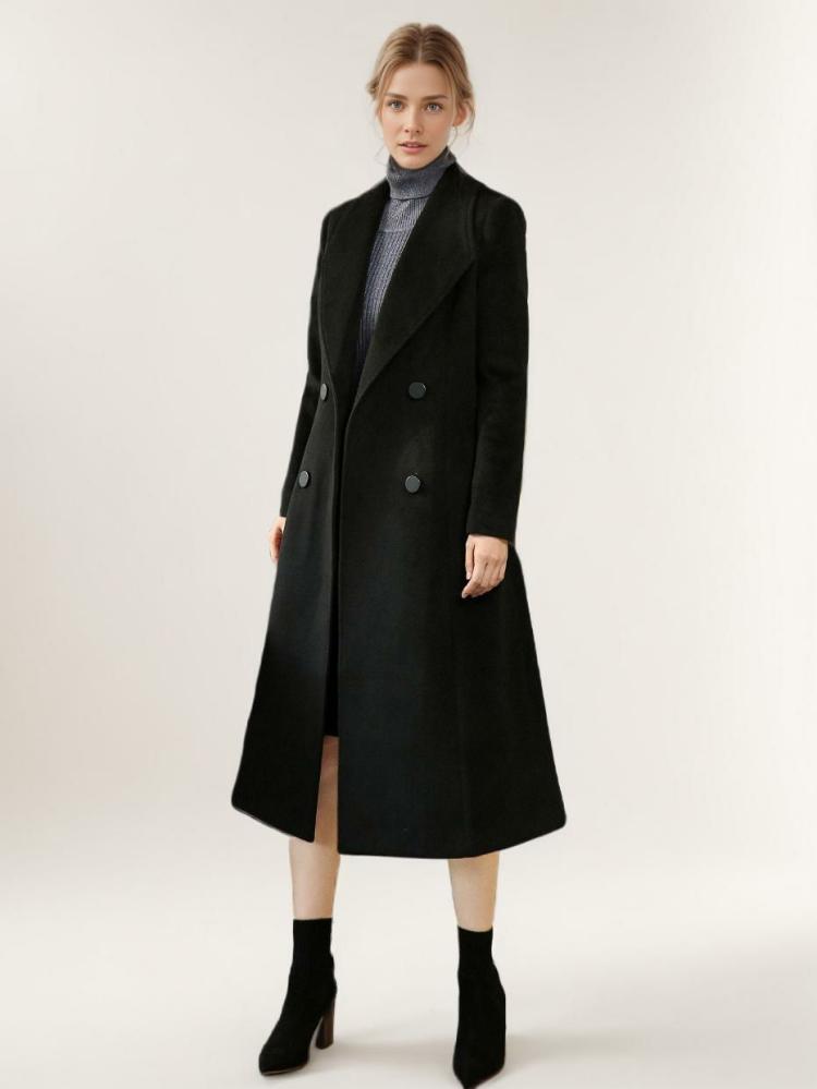 Outerwear |   Black Wool Coat For Woman Sash Winter Outerwear 2024 Clothing Outerwear