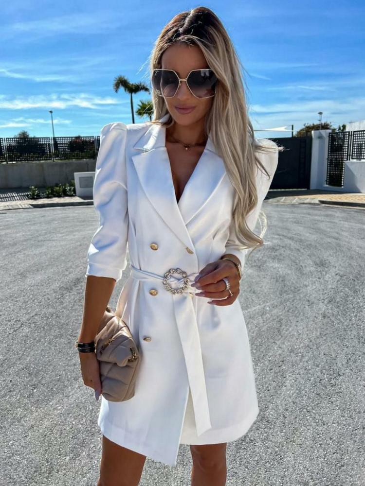 Outerwear |   Blazer Dress White Belt Double Breasted Solid Color Slim Fit Casual Stylish Spring Fall Outerwear For Women Clothing Outerwear