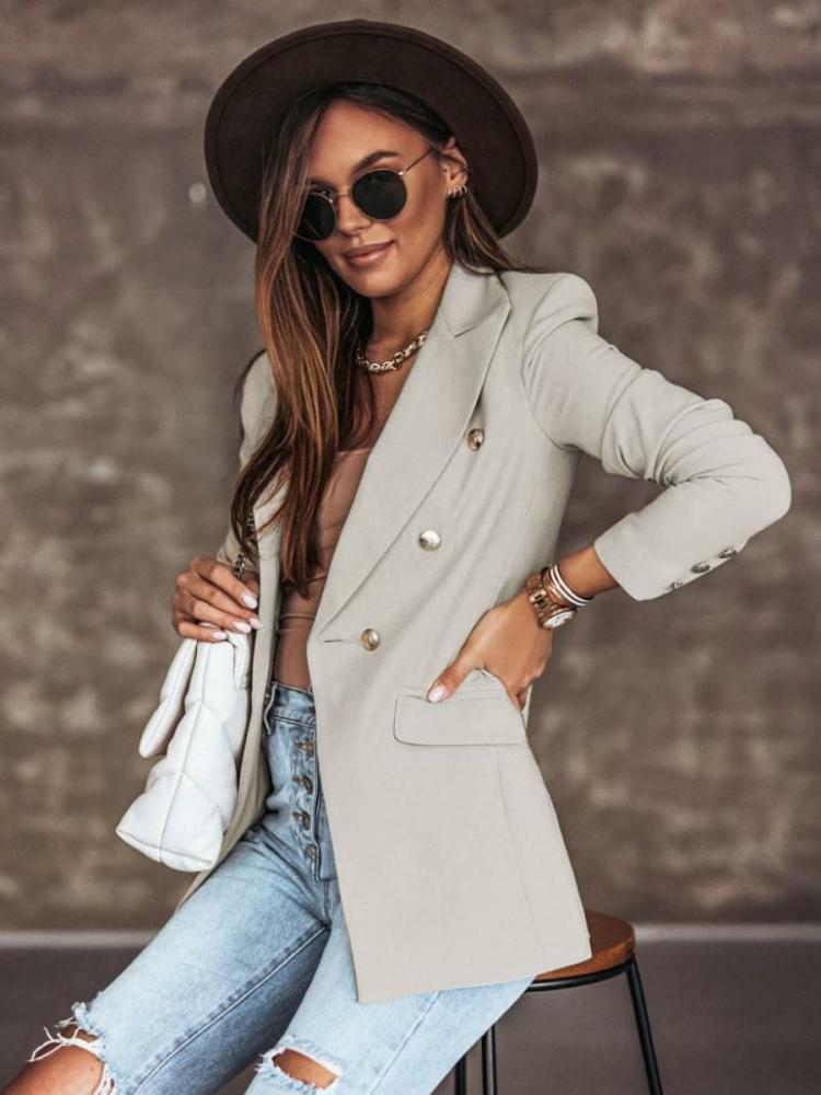 Outerwear |   Blazer Jacket White Solid Color Turndown Collar Double Breasted Slim Fit Spring Fall Chic Street Outerwear For Women Clothing Outerwear