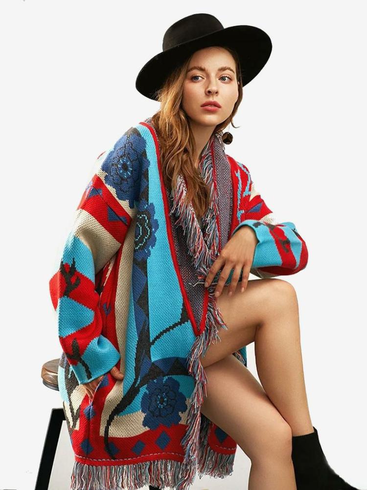 Outerwear |   Blue Jacquard Cardigans Flower Inspired Tassel Trim Belted Bohemian Sweater Clothing Outerwear