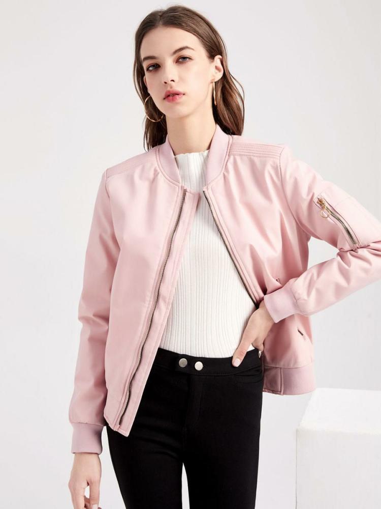 Outerwear |   Bomber Jacket Pink Casual Baseball Jacket Solid Color Stand Collar Zip Up Spring Fall Street Outerwear For Women Clothing Outerwear