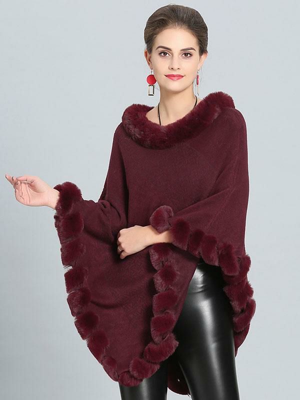 Outerwear |   Burgundy Poncho Fur Hem Cape Spring Outerwear For Women Clothing Outerwear