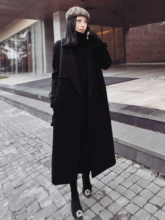 Outerwear |   Classic Black Longline Overcoat Lapel Pockets Women Winter Outerwear Clothing Outerwear