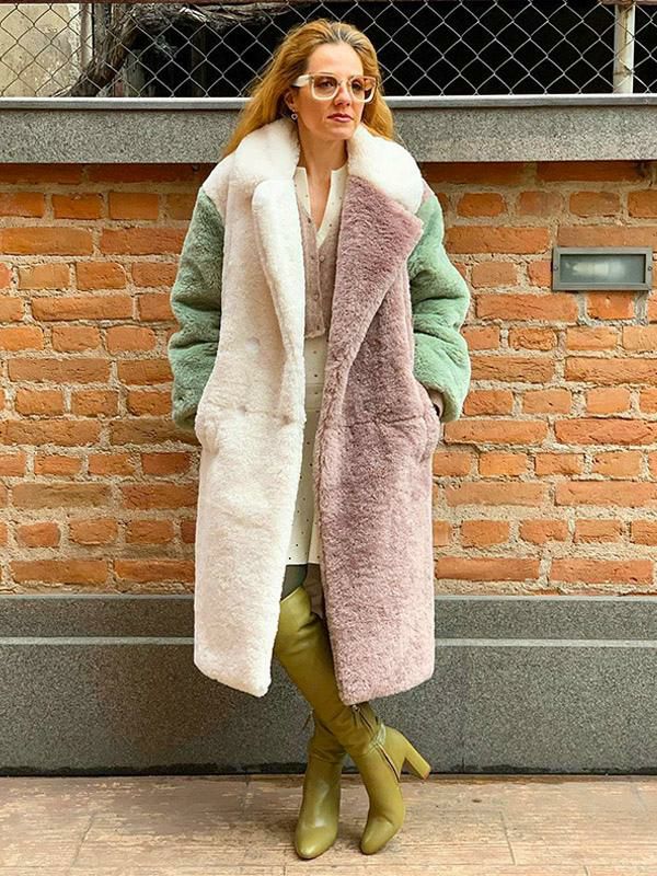 Outerwear |   Color Block Overcoat Notched Lapel Front Button Faux Fur Outerwear Clothing Outerwear