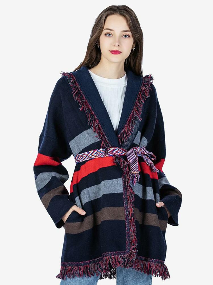 Outerwear |   Dark Navy Cardigans Horizontal Stripes Tassel Trim Belted Wool Blend Sweater Clothing Outerwear