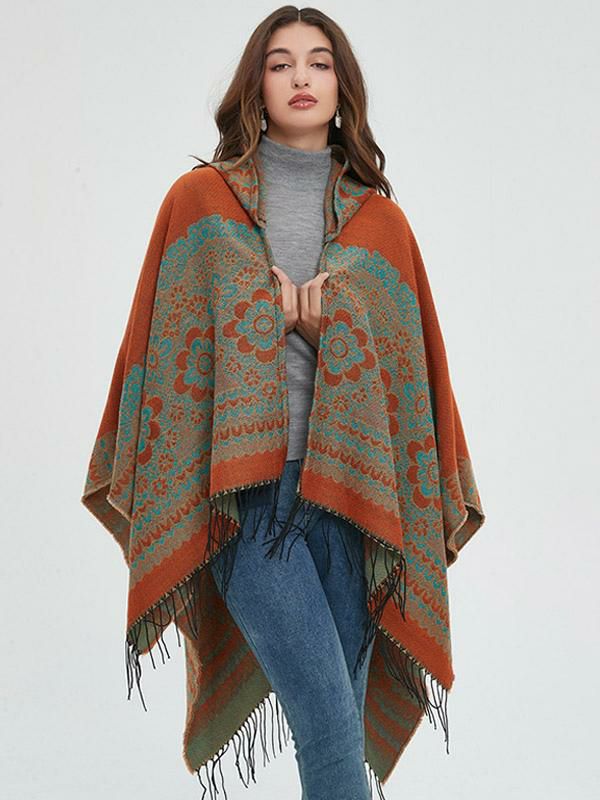 Outerwear |   Embellished Floral Poncho Hooded With Fringe Oversized Cape Clothing Outerwear