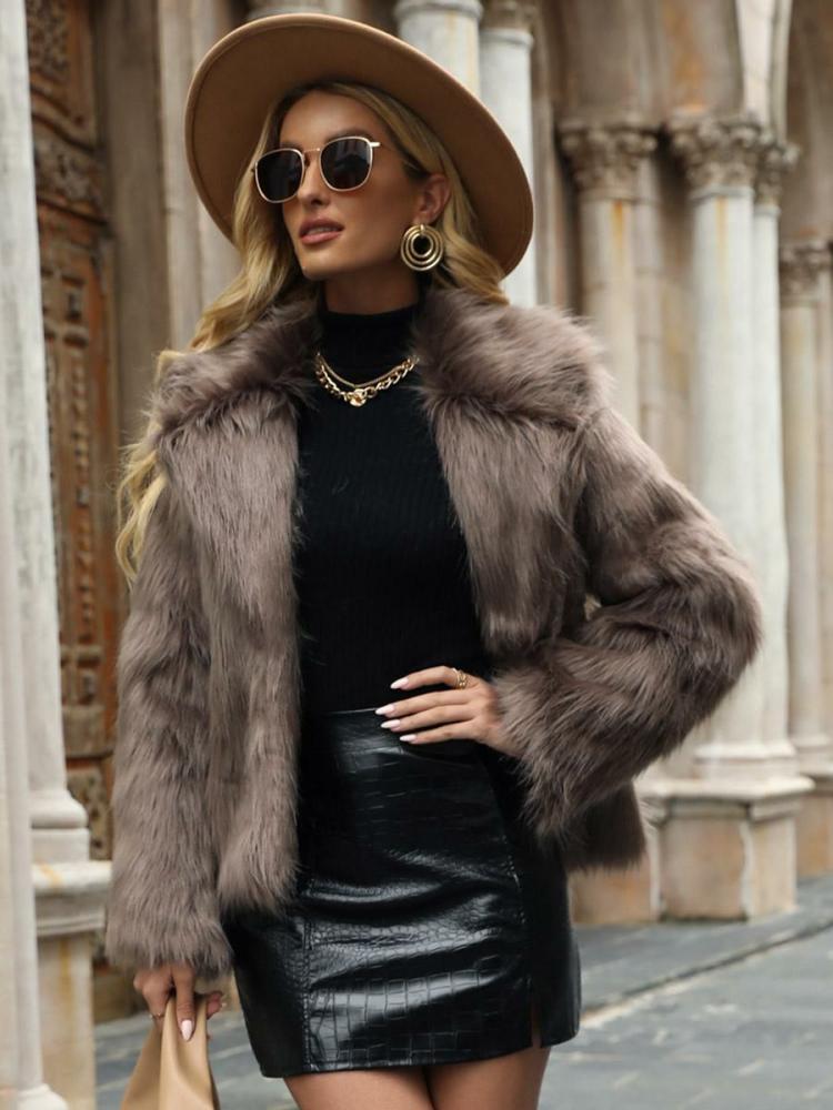 Outerwear |   Faux Fur Coat Lapel Open Front Solid Color Fall Winter Jacket For Women Clothing Outerwear