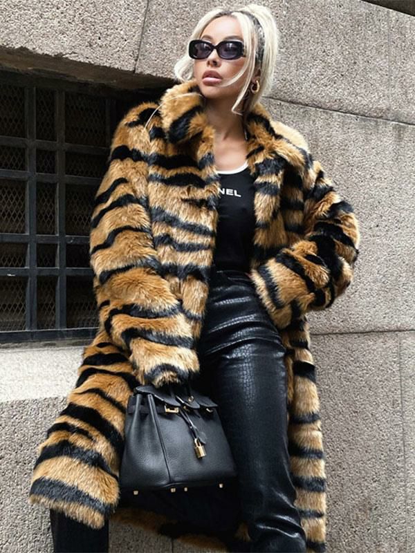 Outerwear |   Faux Fur Coat Tiger Print Winter Midi Outerwear For Women 2024 Clothing Outerwear