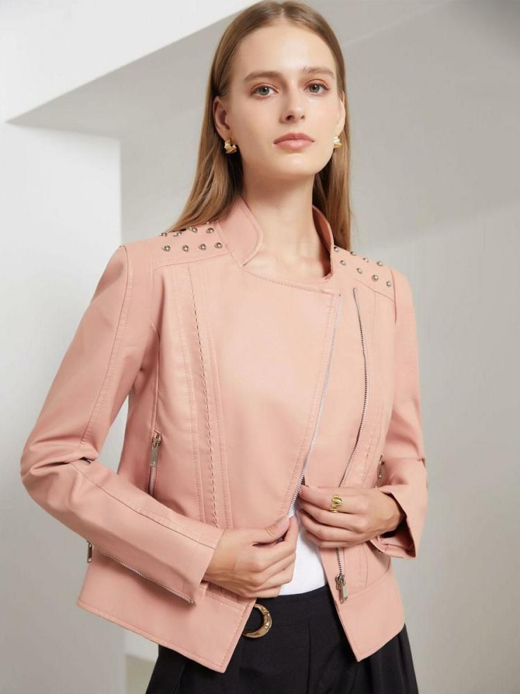 Outerwear |   Faux Leather Jacket Pink PU Stand Collar Rivet Zip Up Spring Fall Street Biker Outerwear For Women Clothing Outerwear