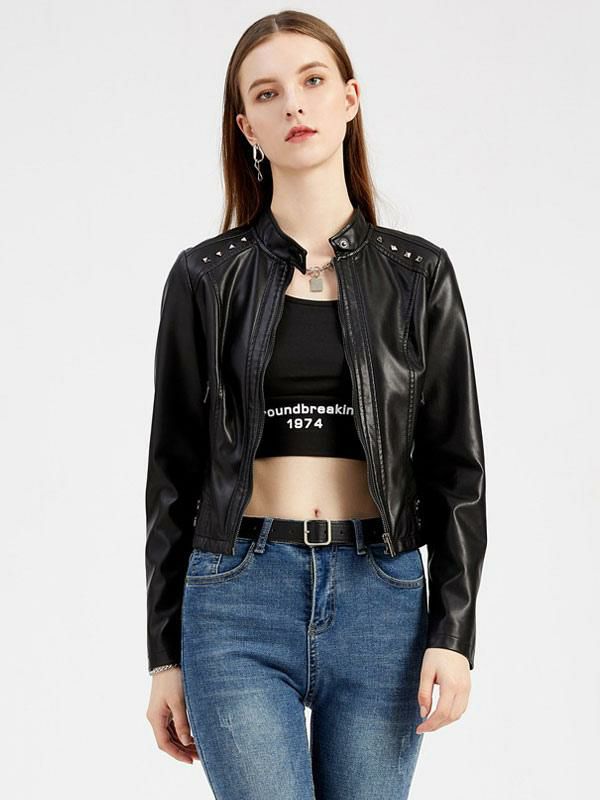 Outerwear |   Faux Leather Jacket PU Rivet Zip Up Stand Collar Spring Fall Street Biker Outerwear For Women Clothing Outerwear