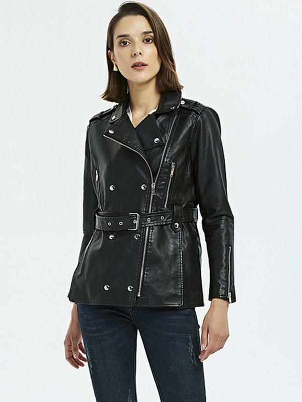 Outerwear |   Faux Leather Moto Jacket Black PU Zipper Turndown Collar Long Sleeve Boyfriend Style Spring Fall Biker Outerwear for Women Clothing Outerwear