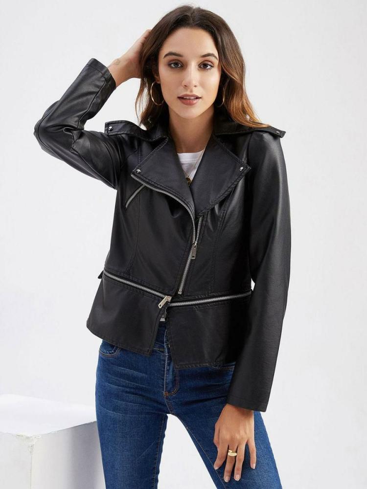 Outerwear |   Faux Leather Moto Jacket Light Apricot PU Detachable Hem Lapel Zipper Spring Fall Field Biker Outerwear for Women Clothing Outerwear