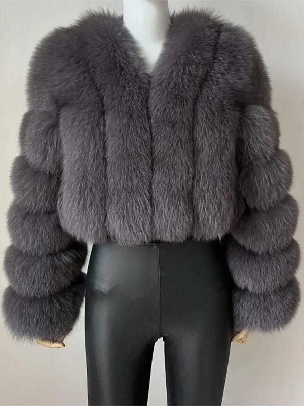 Outerwear |   Faux Fur Coat V-Neck Long Sleeves Winter Outerwear For Women Clothing Outerwear