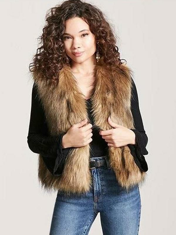 Outerwear |   Faux Fur Coats Coffee Brown Sleeveless Faux Fur Jacket Winter Coat Clothing Outerwear