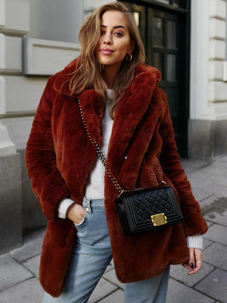 Outerwear |   Faux Fur Coats Long Sleeves Casual Faux Fur Coat Oversized Turndown Collar Apricot Women Coat Clothing Outerwear