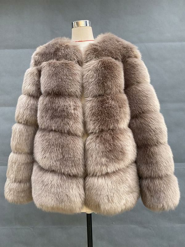 Outerwear |   Faux Fur Coats Long Sleeves Casual Faux Fur Jacket Jewel Neck Camel Winter Coat Clothing Outerwear