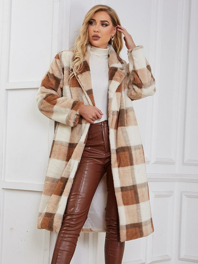 Outerwear |   Faux Fur Coats Plaid Winter Outerwear For Women 2024 Clothing Outerwear