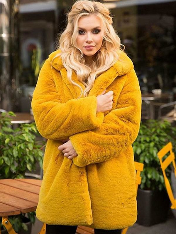 Outerwear |   Faux Fur Coats Yellow Winter Overcoat For Women 2024 Clothing Outerwear