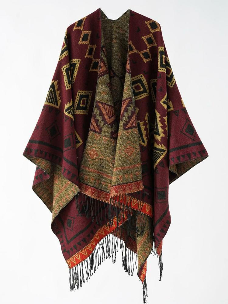 Outerwear |   Geometric Print Poncho Daily Casual Cape With Fringe Clothing Outerwear