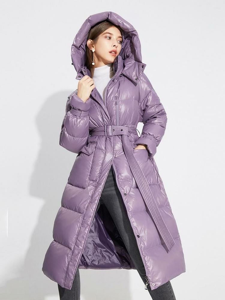 Outerwear |   Hooded Down Coat Purple Long Puffer Belted Winter Outerwear For Women Clothing Outerwear