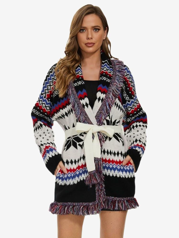 Outerwear |   Jacquard Cardigans Herringbone Tassel Trim Belted Wool Blend Boho Sweater Clothing Outerwear