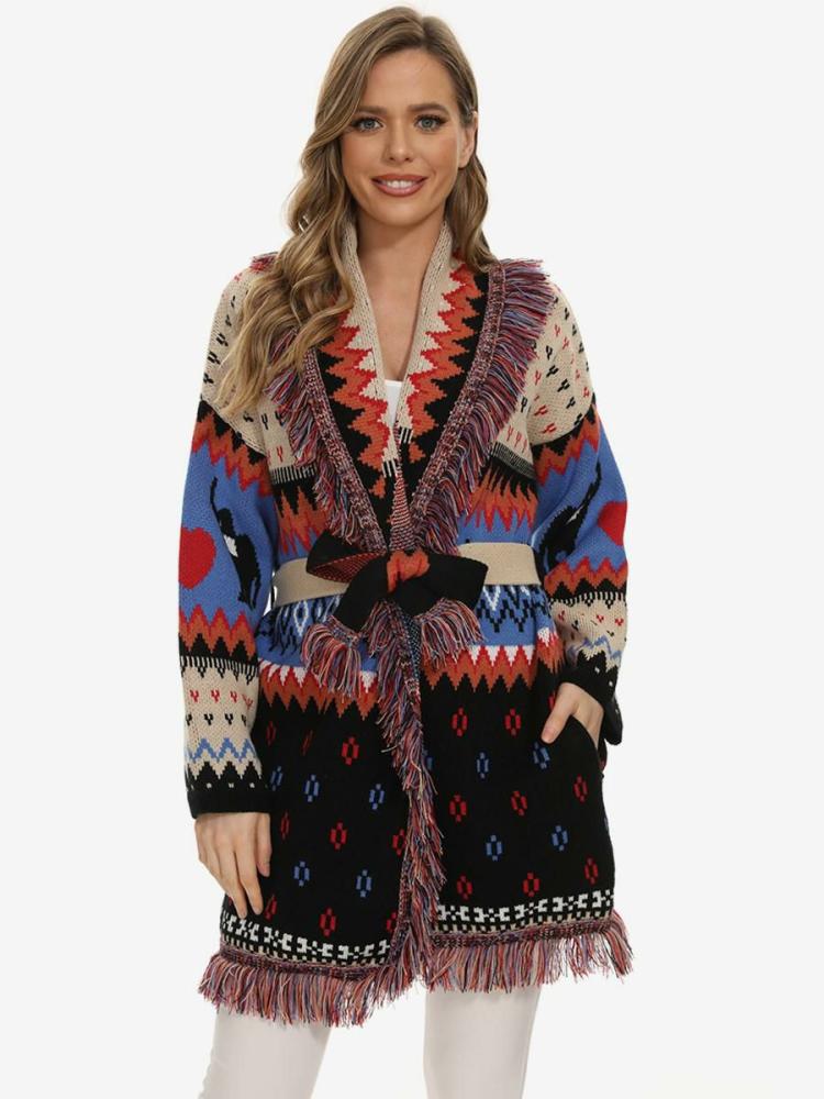 Outerwear |   Jacquard Cardigans Tassel Trim Belted Animal Geometric Boho Sweater Clothing Outerwear