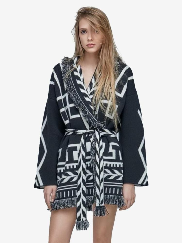 Outerwear |   Jacquard Cardigans Tassel Trim Belted Geometric Inspired Wool Blend Sweater Clothing Outerwear