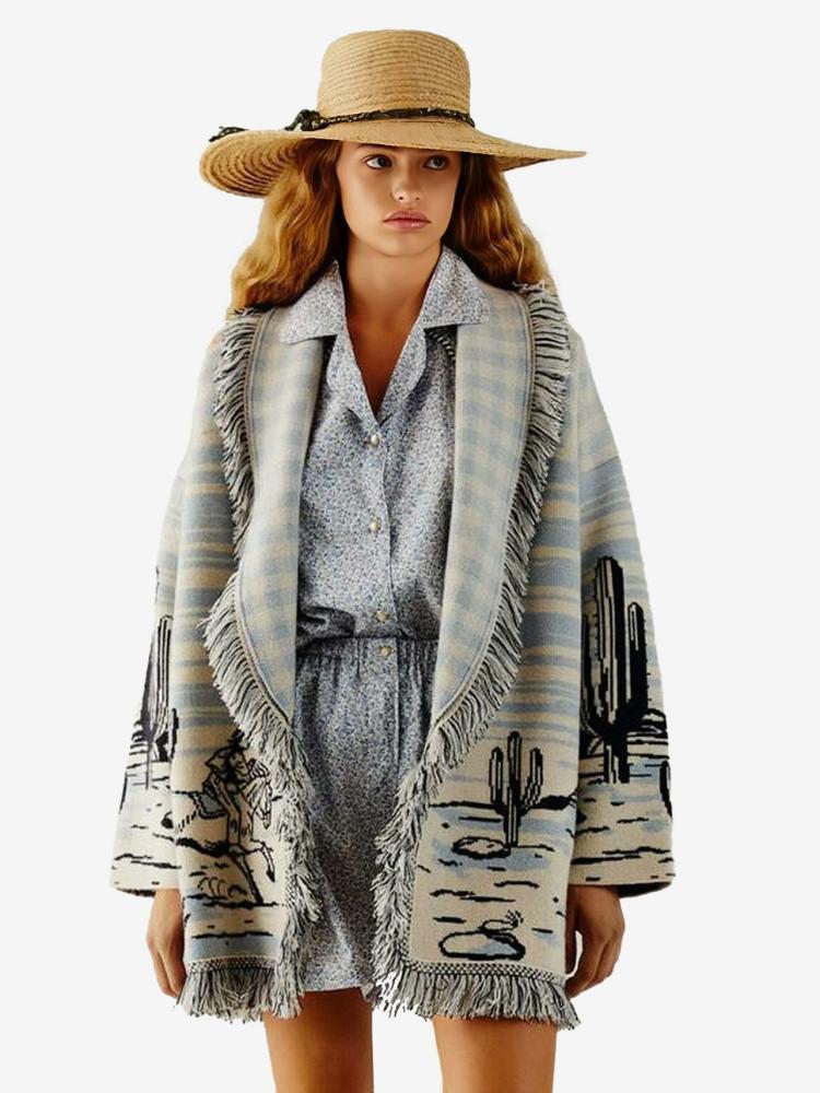 Outerwear |   Jacquard Cardigans Tassel Trim Belted Nature Inspired Boho Sweater Clothing Outerwear