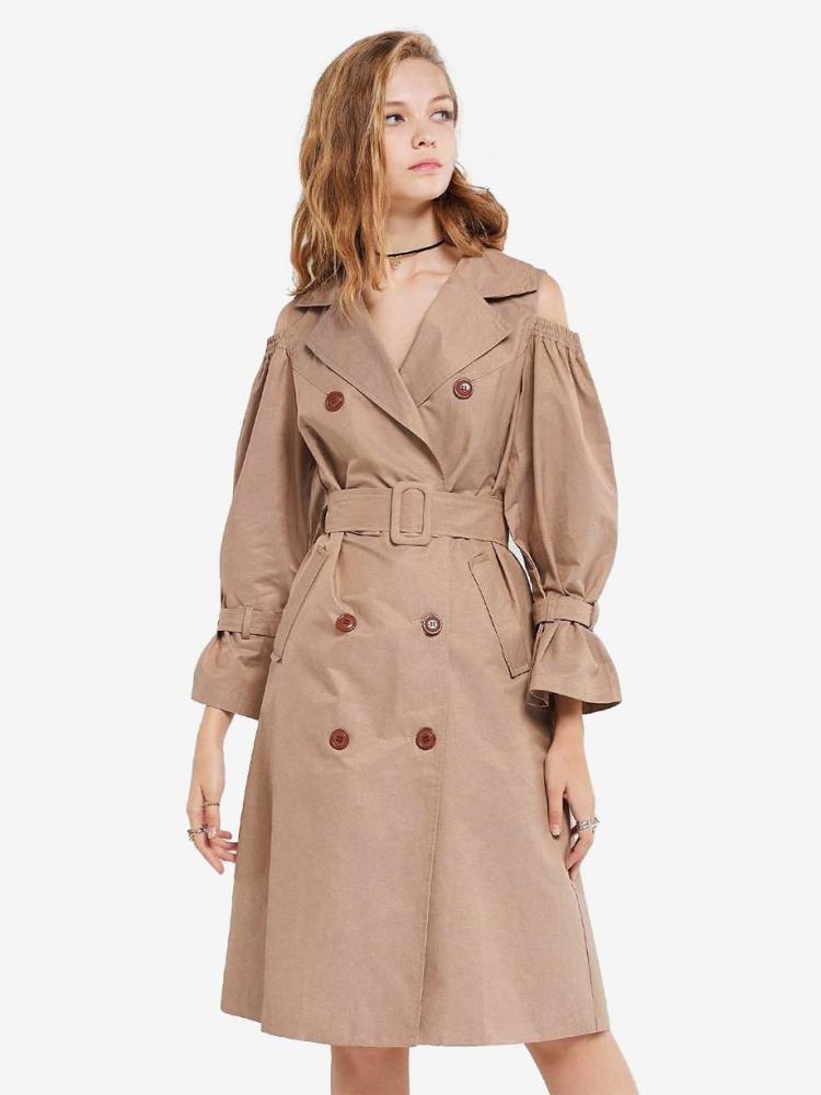 Outerwear |   Khaki Trench Coat Notched Lapel Belted Pockets Overcoat Clothing Outerwear