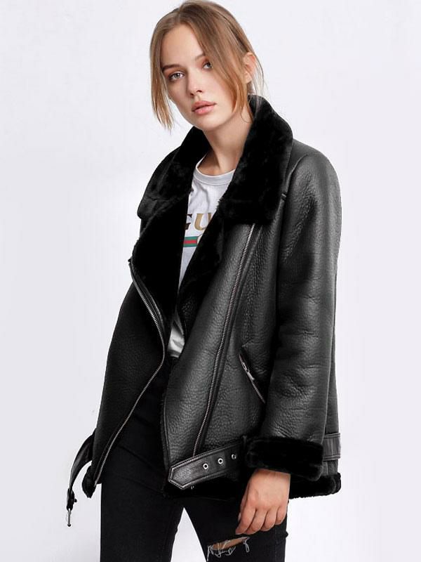 Outerwear |   Leather Jacket Faux Shearling PU Moto Jacket Winter Outerwear Clothing Outerwear